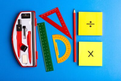front view geometric figures with pencil stickers blue surface 140725 63957