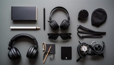 modern man tech collection wooden desk headphones sunglasses smartphone generated by ai 24640 92923