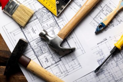 top view construction hammers still life 23 2150563148
