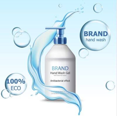 eco hand wash gel with antibacterial effect container surrounded by bubbles flowing water 1268 15511