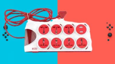 GM 3205 Quadro 8+1 Spike Guard with mas ter switch, indicator, safety shutter, surge protector, 7 international sockets & twin USB- 2.1A