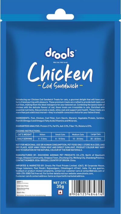 Drools Real Chicken Cod Sandwhich, Cat Treats Stick, 35gm | Rich in Protein, No Artificial Preservatives | Best for Training & Bonding | for Kitten & Adult