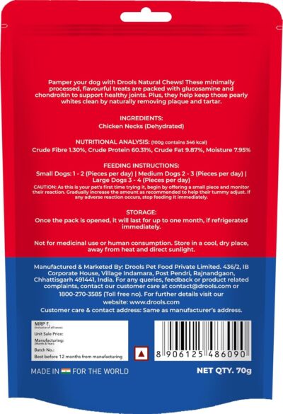 Drools Dog Treats, Dehydrated Real Chicken Chews Necks, 70g