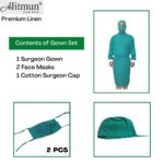ALITMUN Cotton Surgeon Gown Set with 2 Face Masks & Cap | Reusable & Washable | Green | Unisex