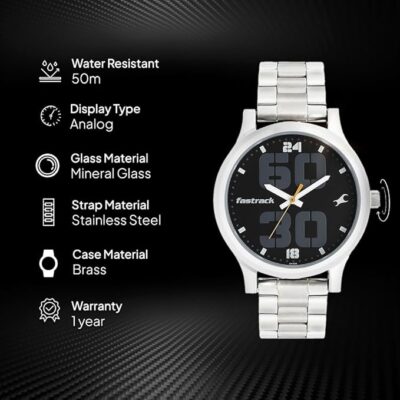 Fastrack Bold Quartz Analog Black Dial Silver Stainless Steel Strap Watch for Guys - NT38051SM07