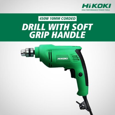 Hikoki D10Vstas9Z Corded Drill with Soft Grip Handle, 450 Watts Powerful Motor, 10Mm Drill Chuck And 0-3000Rpm, 1.3 Kg, Chuck, Wrench Included - Green