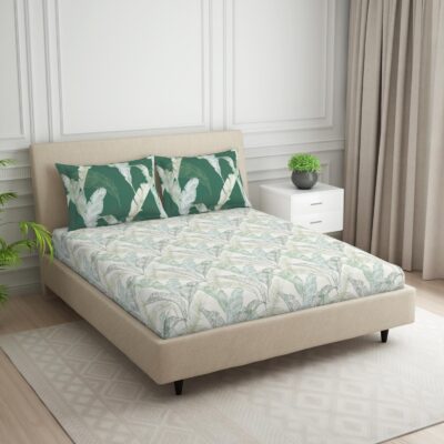SPACES 100% Cotton Double Bedsheet with 2 Pillow Covers (Size 88 x 100 inch) | 132 TC Bed Sheet for Double Bed | Breathable Pure Cotton Queen Size Bedsheet | Tropica | Floral Light Green