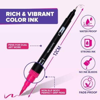 12 Pcs Dual Tip Brush Pens Felt Tip Pen Set 12 Colors, Colouring Pens Art Markers for Kids and Adults, Colouring Book, Art Supplies Fineliner Tip Brush Marker for Drawing Sketching