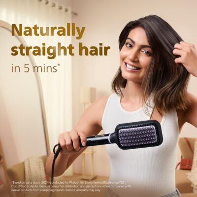 PHILIPS Hair Straightener Brush (BHH880/10) – Black | 5X Frizz Control, Smooth & Shiny Hair in 5 Mins | Adds 2X Volume | Keratin-Infused Bristles | 2 Temperature Settings | Safe Styling with No Scalp Burns