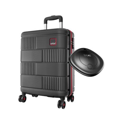 Safari Trackr 8 Wheels 56cm Cabin Size GPS Enabled Trolley Bag with boAt tag, Carry-on Polycarbonate Luggage, TSA Lock Wet Pouch Organized Interior, Suitcase for travel, Trolley Bags for Travel, Black