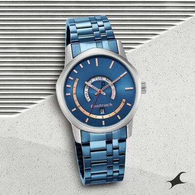 Fastrack Mens Exuberant Quartz Analog with Day and Date Blue Dial Metal Strap Watch for Guys-NR3279KM01