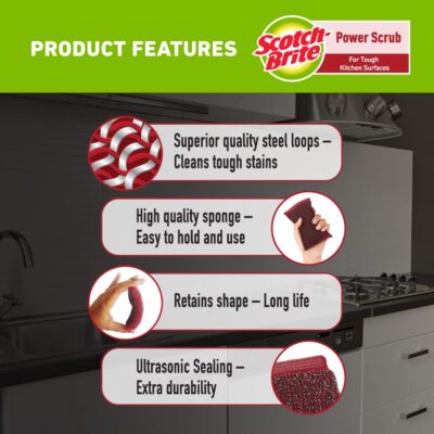 Scotch-Brite Power Scrub with Steel Mesh for Utensil Cleaning | Tough Stain Removal | Long-Lasting Scrub Pads | Pack of 5
