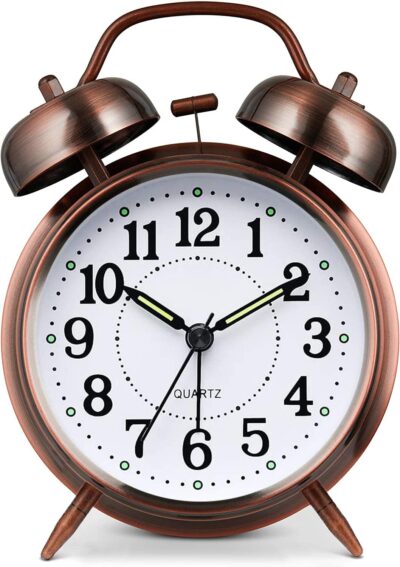 Kadio Loud Alarm Clock for Heavy Sleeper, 4 Inches Twin Bell Battery Operated Metal Alarm Clocks with Night Light for Bedrooms, Retro Analog Alarm Clock for Adults, Silent Non-Ticking (Red Brown)