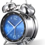 Analog Alarm Clock for Heavy Sleepers Loud Clock for Adults, Metal 4 Inches Twin Bell Table Clock with Backlight Alarm Clocks for Students Decoration Bedroom/Office (Blue Silver)