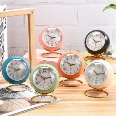 Alloy Steel Analog Alarm Clocks, Retro Backlight Cute Simple Design Small Desk Clock Night Light, Silent Non-Ticking, Battery Powered (White)-10 Cm