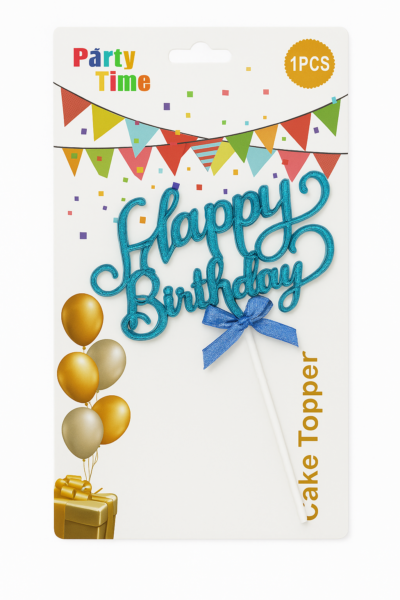 Happy Birthday Cake Topper | Blue Glitter Decoration with Bow | Party Supplies