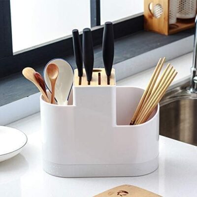 Zollyss Plastic Self-Draining Cutlery Organizer with Removable Tray | Knife, Fork, Spoon & Scissors Holder for Kitchen & Dining Table (White, 22×12×17.5 cm)