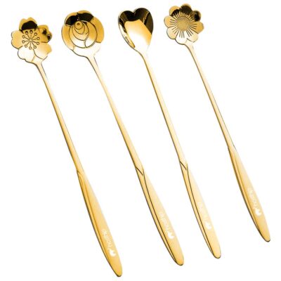 HASTHIP® Golden Spoon Set/Coffee Spoon/Dessert Spoon/Cutlery Kitchen Tableware/Stainless Steel Gold Flower Shape Coffee Spoon with Package Bag, 18cm, 4 Pcs (Gold-4 Coffee Spoon)