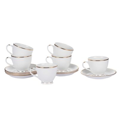 Femora Ceramic Gold Line Diamond Cut White Cup with Saucer Set of 12 Pcs | Tea/Coffee Cups 200 ml | Microwave & Dishwasher Safe | Bone-Ash Free | Crockery Set Ideal for Daily Use & Gifting, White