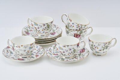 GOLDEN QUEEN'S Cup & Saucer Set | Perfect for Hosting & for Tea/Coffee Lovers | Handcrafted in India, Inspired by Florals & 24-Carat Gold Rim | 6 Cups & 6 Saucers |170 ml - Pink Shrub