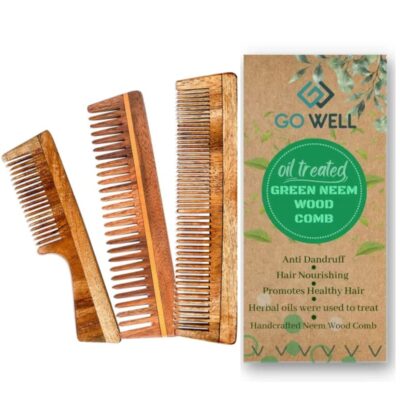 Go Well Kachhi Neem Comb, Wooden Comb | Hair Growth, Hairfall, Dandruff Control | Hair Straightening, Frizz Control | Comb for Men, Women | Treated with Oil (All Combo)