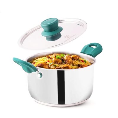 The Indus Valley Stainless Steel Stock Pot / Handi / Cook-N-Serve Bowl with Lid – 2 Litre (19 cm) – Tri-Ply Bottom, Induction Friendly, Rust-Proof & 100% Toxin-Free