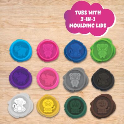 ToyMagic Animal Themed Clay/Soft Water Based FunDough with 2 in 1 Moulding Lid Pack of 12 Tubs 25gm Each|Fun with Dough|Non-Toxic|Kids 3+|Art & Craft Activity|Birthday & Return Gifts|Made in India