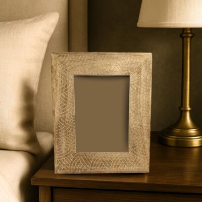 THE RAAVYA Handcrafted Wooden Photo Frame – 5x7 Inch, Acacia Wood with Scallop Etched Design