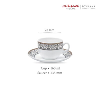 La Opala Diva, Sovrana Collection Opal Glass Crockery | Cup & Saucer, Set of 12 | Moroccan Gold, 160 ml | for Tea & Coffee | Microwave Safe | 100% Vegetarian | Extra Strong | Super Light | Super White