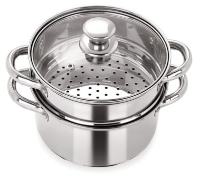 Krisus 20cm Stainless Steel 2-Tier Multi-Purpose Steamer with Glass Lid – Modak, Momo, Idiyappam, Idli, Veggies & Pasta Maker – Induction & Gas Compatible (Silver)