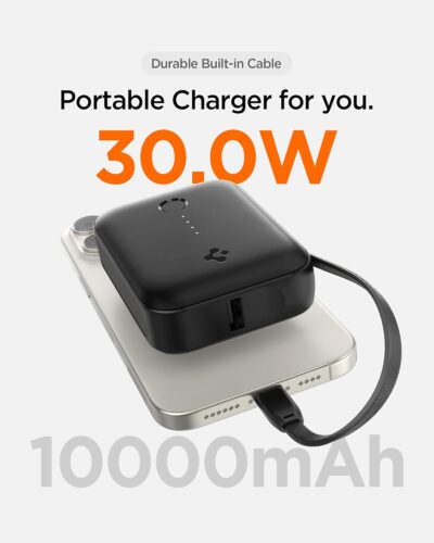 Spigen ArcPack 10000 mAh 30 W Fast Charging Power Bank | Built-in USB-C Cable | 1 Type-C Port + 1 USB-A Port | Compact & Safe Charger (Black)