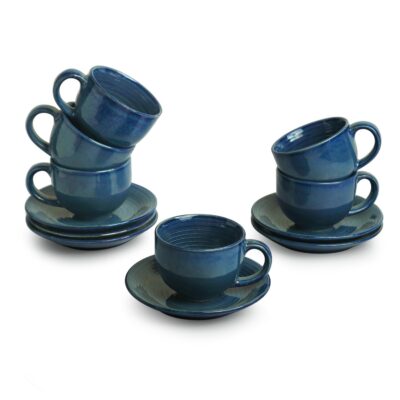 ExclusiveLane 'Ocean Ripples' Ceramic Tea Cup and Saucer Set of 6 (Studio Pottery, 120 ml, Blue, Microwave Safe) |Ceramic Cup Saucer Set of 6 for Tea Cups with Saucer Chai Cup Coffee Cup with Saucers