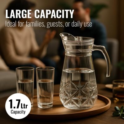 Cristello 1700 ml Glass Water Jug with Lid | Elegant Transparent Pitcher for Dining Table | Detox Jug for Juice, Iced Tea, Milk & Infused Water