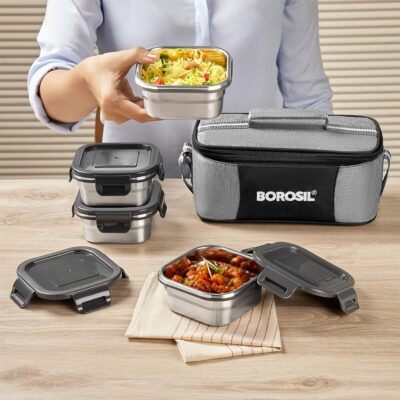 Borosil Feast Stainless Steel Lunch Box with Bag | 4×400 ml Square Containers