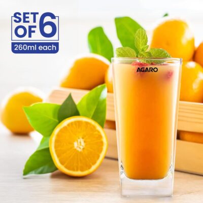 AGARO Elegant 260 ml Glasses Set of 6, Transparent Drinking Water Glass Set, Glass Tumbler for Water, Cold Drink, Juice, Dishwasher Safe, for Daily Use & Gifting