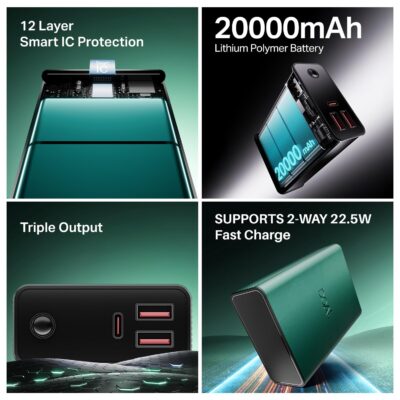 boAt EnergyShroom PB400 Pro 20000 mAh Power Bank | 22.5 W 2-Way Fast Charging | 3 Output Ports | Type-C Input/Output | Compact & Durable (Emerald Green)