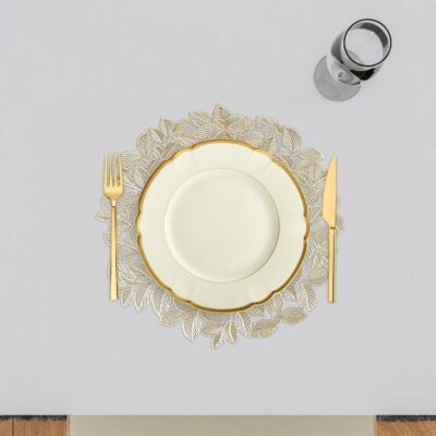 Kuber Industries Set of 6 Table Mats | Round Placemat for Dining Table | Tableware D?cor | Heat-Resistant | Placemats for Cakes & Desserts | Leather Kitchen Placemat | Small Leaf | Golden