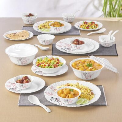 Larah by Borosil Aspen Silk Series Opalware Dinner Set – 35 Pcs | Bone-Ash Free | Microwave & Dishwasher Safe