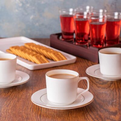 Femora Indian Ceramic Vertical Bar, White Tea Cup with Saucer Set of 12 Pcs | Tea/Coffee Cups 200 ml | Microwave & Dishwasher Safe | Bone-Ash Free | Crockery Set Ideal for Daily Use & Gifting, White
