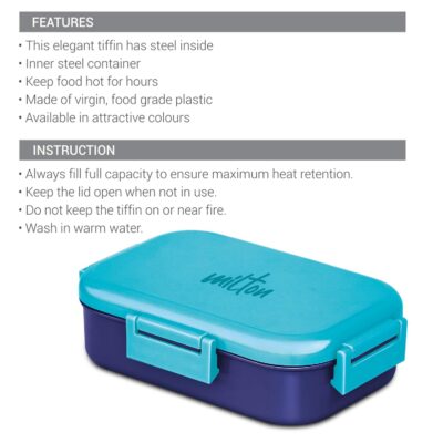 MILTON Senior Flatmate Steel Kids Lunch Box | 700 ml | Insulated Stainless-Steel Containers with Clip-Lock Lid | Airtight, Leak-Proof Tiffin for School & Picnic – Blue