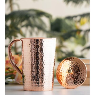 Indian Art Villa Pure Copper Hammered Water Jug with Lid | 1500 ml Ayurvedic Copper Jug for Home, Office & Dining Table | Elegant Handcrafted Drinkware