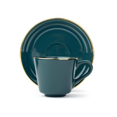 Shay Ceramic Tea Cup Saucer Set, Set of 6, Teal Green with Real Gold Line, 180ml | Cup Set of 6 for Tea | Glossy Finish (Cup Saucer - Teal Gold Line)