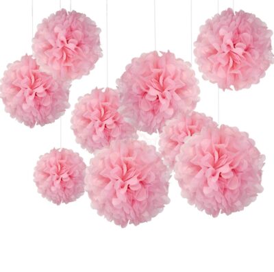 Party Propz Paper Pom Pom for Decoration - 9 Pcs 10 Inches Paper Flower for Decoration | Pom Pom Hangings for Decoration | Pink Bows | Hangings for Decorations (Papers)