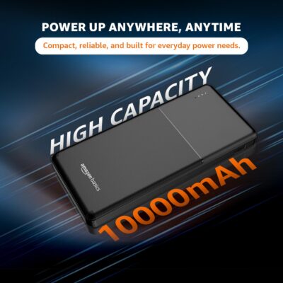 Amazon Basics 10000 mAh Power Bank | 22.5 W Fast Charging | 3 Output Ports (2 USB-A + 1 Type-C) | Dual Input | Smart Protection | Compact & Travel-Friendly – Black