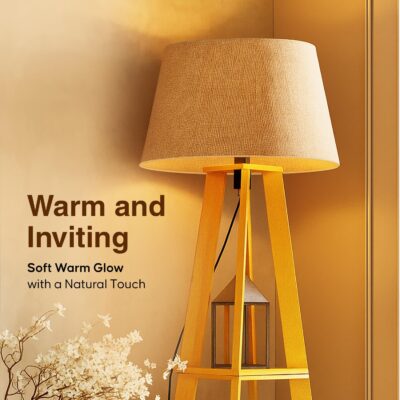Mikabi Wooden Floor Lamp for Living Room Decoration with LED Bulb | Night Lamp with Plug & Switch | Lamps for Bedroom, Living Room (Natural Linen Shade)
