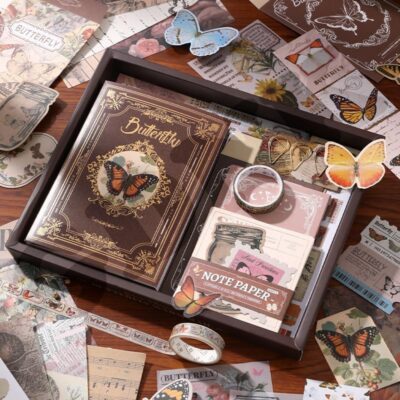 GDNK 346pcs Vintage Journal Scrapbook Pack Kit for Art Journaling Bullet, Planners DIY Paper Stickers, Craft Kits Notebook, Collage Album Aesthetic Sticker (Moonlight) (Brown Butterfly)