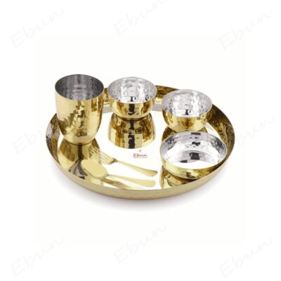 Ebun Gold PVD Hammered Stainless Steel Dinner Set – 7 Pcs | Heavy Gauge Thali Set | Food-Grade & Rust-Resistant