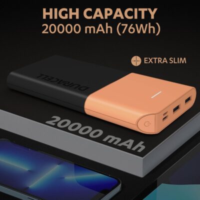 Duracell 20000 mAh Slim Power Bank | 22.5 W PD Fast Charging | 3 Output Ports | Type-C & Dual USB-A | Compact & Portable Charger