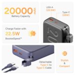 Ambrane Stylo N20 20000 mAh Power Bank | 22.5 W Fast Charging | Built-in Type-C Cable | Dual Output (USB-A + Type-C) | PD 3.0, QC 3.0, PPS Support – Black