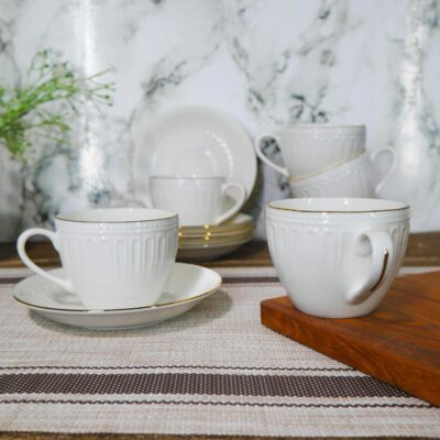 Femora Indian Ceramic Gold Line Countryside Pattern, White Tea Cup with Saucer Set of 12 Pcs,200 ml | Microwave & Dishwasher Safe | Bone-Ash Free | Crockery Set Ideal for Daily Use & Gifting
